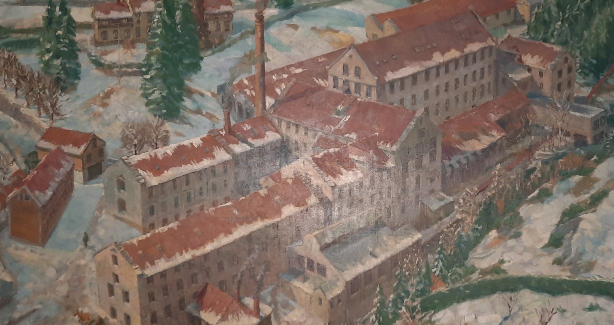 Ullvarefabrikken 1928. Maleri av Ole B. Eyde, malt 1941-1942.